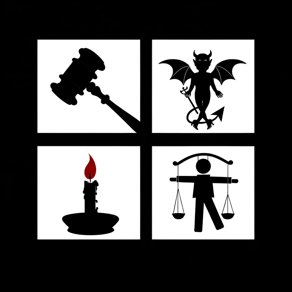 Design an image that mirrors the style of an Ozark episode title card, incorporating a four-square layout. Each square should contain a distinct symbol: the first square will feature a gavel to symbolize law and authority; the second square will include a stylized devil to represent danger or malevolence; the third square will display a candle, symbolizing light, hope, or guidance; and the fourth square will showcase a puppet, indicating control or manipulation. This design should evoke the atmospheric tension and thematic depth of Ozark, blending these symbols into a cohesive narrative that reflects the show's essence.