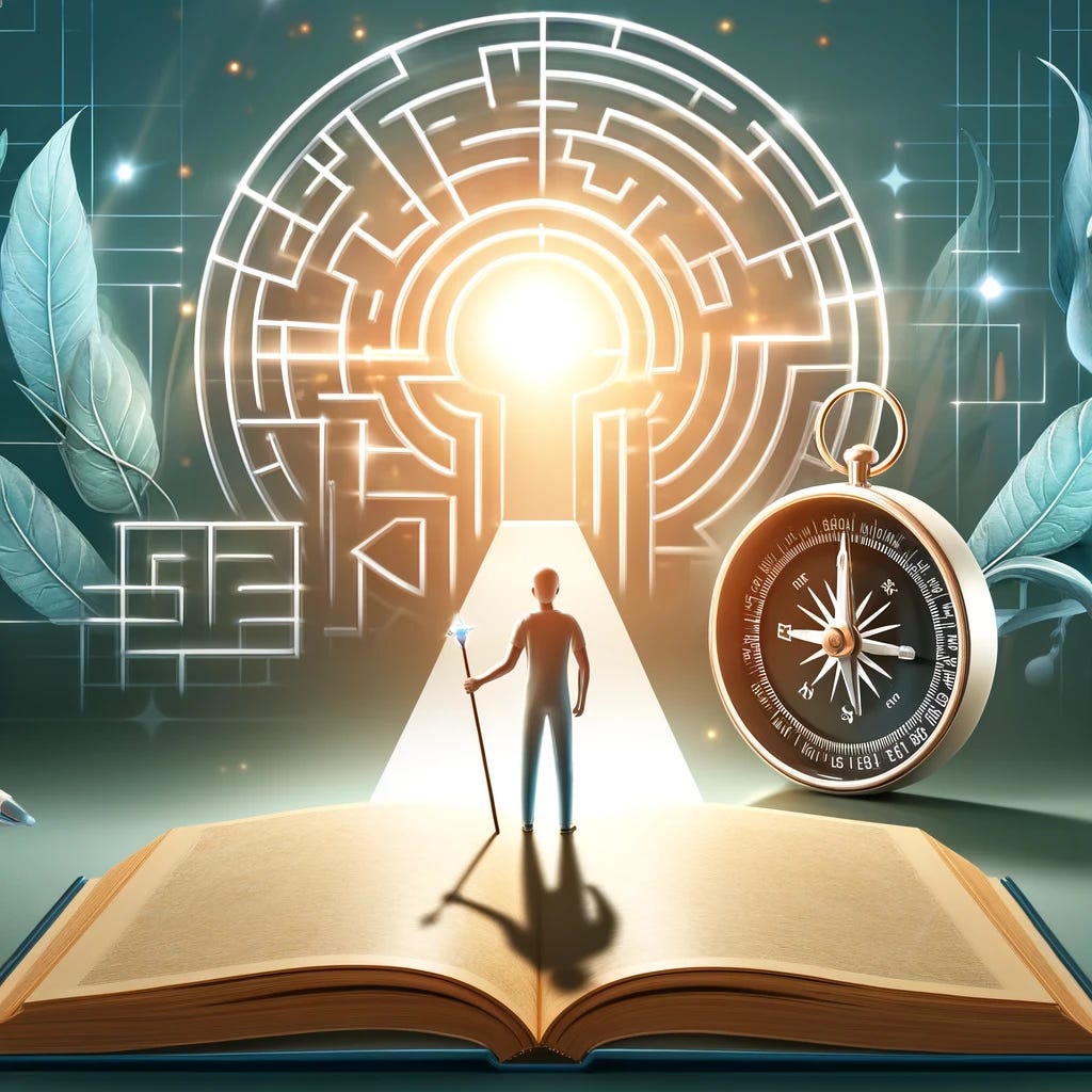 A modern and elegant image depicting a person's journey through understanding and advocating for their gastrointestinal health. The scene includes symbolic elements like an open book, a light path leading through a complex maze representing the healthcare system, and a figure standing confidently at the maze's entrance, holding a compass. The background should reflect a serene and hopeful atmosphere, suggesting enlightenment and empowerment. The overall tone of the image should be uplifting, with soft, warm colors to convey a sense of optimism and clarity.