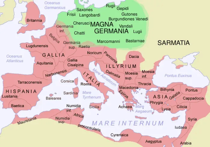 A map of the borders of Rome and Magna Germania ‘Great Germany’ in the early 100s CE