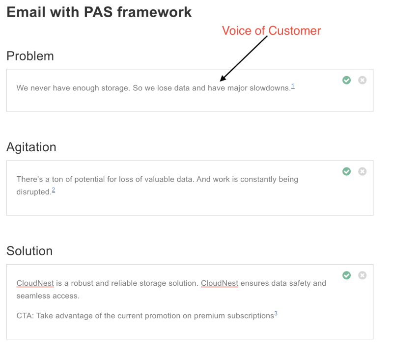 PAS framework in Airstory.co filled in with voice of customer data filled in the framework