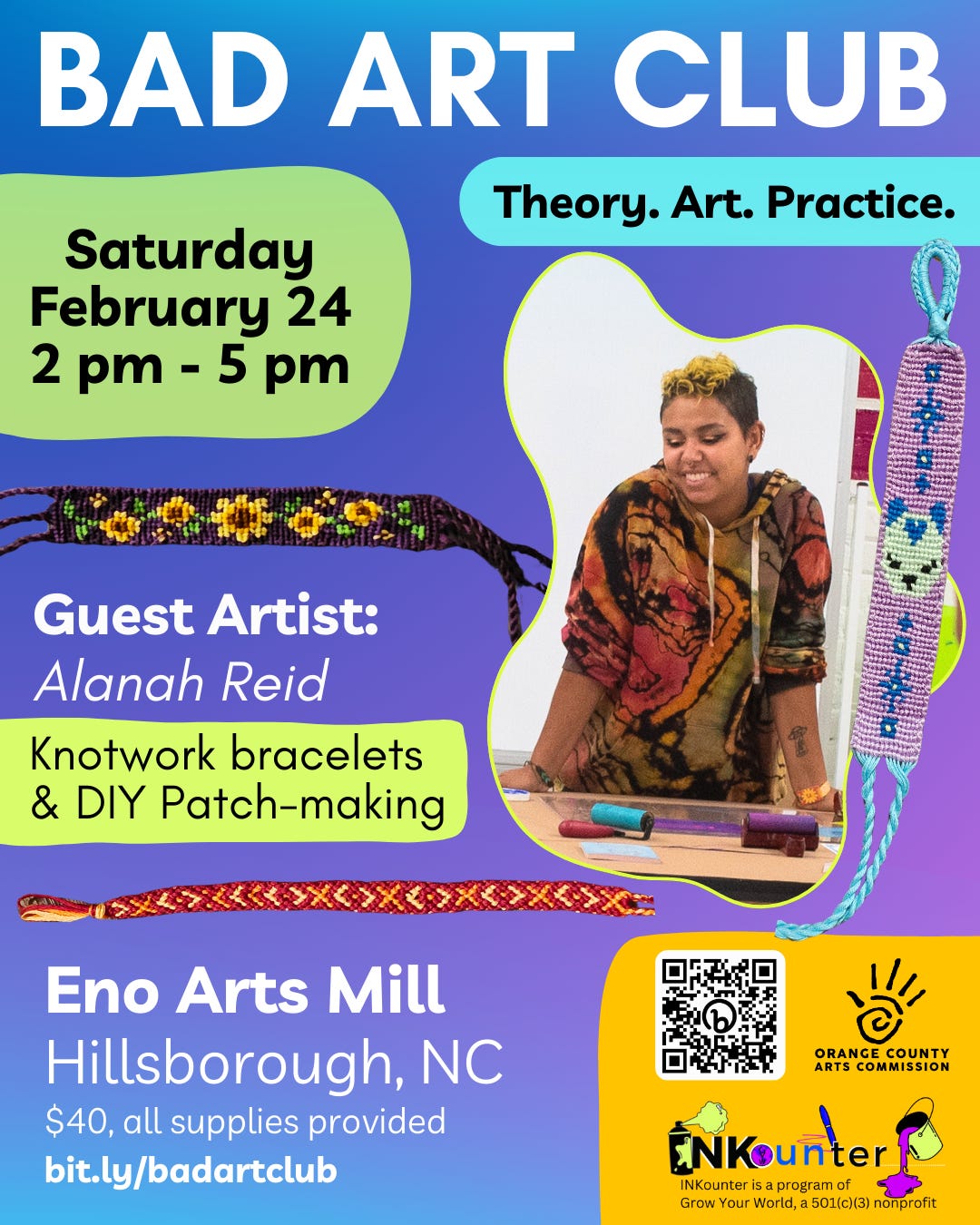 Promo poster for February Bad Art Club featuring a photo of Alanah Reid standing at a table smiling and several of their friendship-bracelets.
