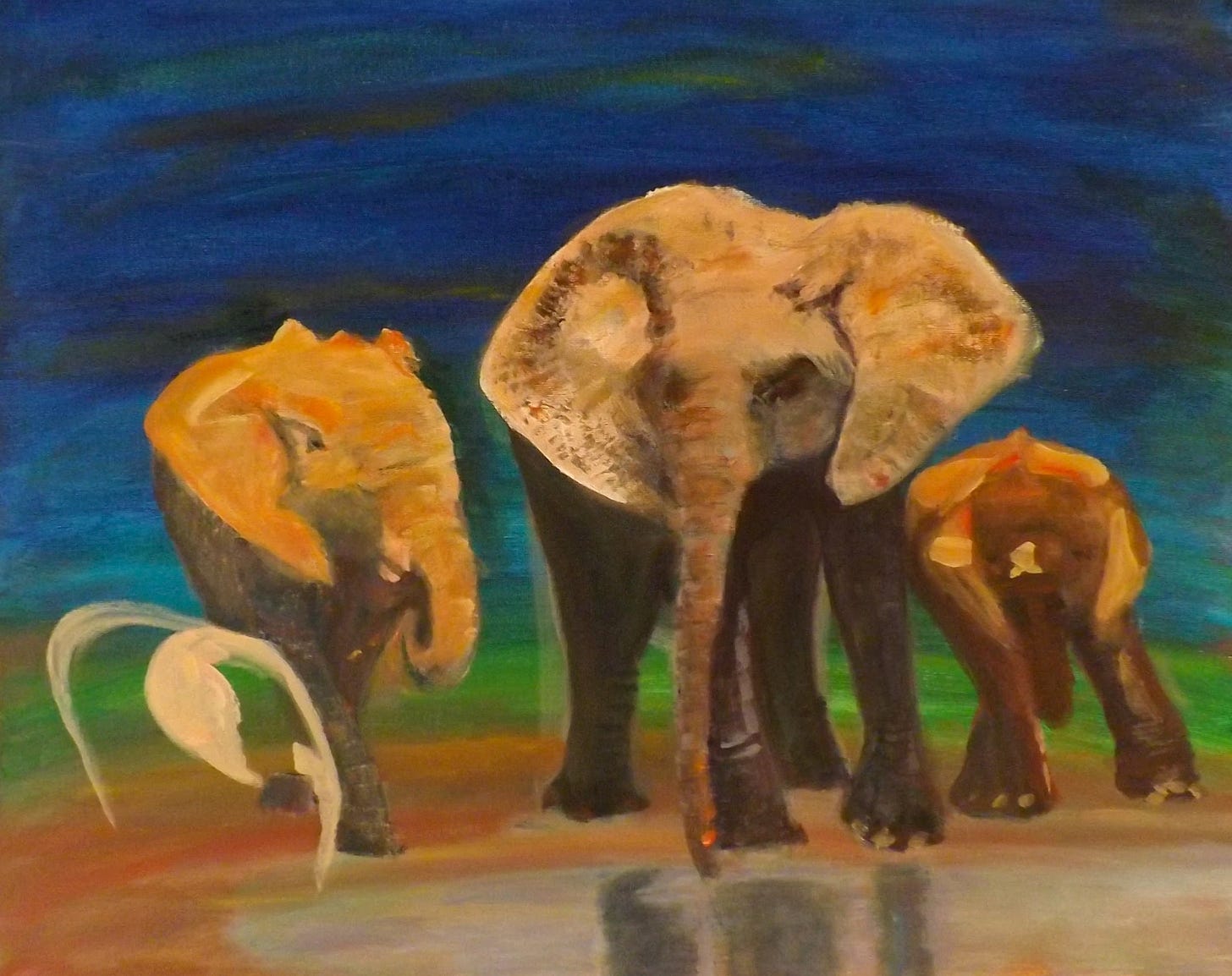 Acrylic painting of mother elephant and three calves in progress, one just a gesture in paint of its body.