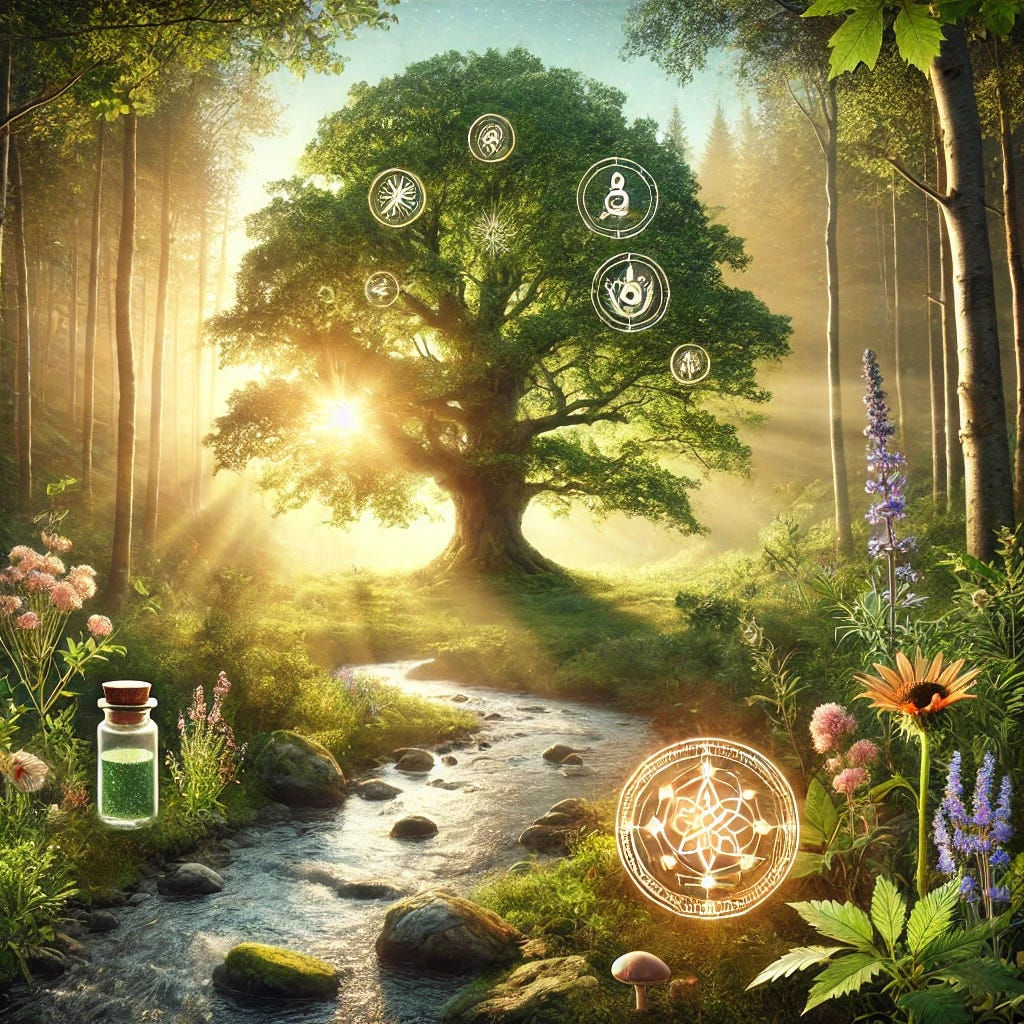 A serene and uplifting image representing the themes of women's health and holistic wellness. The scene is a sunlit forest clearing, with a gentle stream meandering through it. In the middle of the clearing stands an ancient, majestic oak tree with lush, green leaves. Surrounding the tree are various symbols of health and vitality, including blooming wildflowers, herbs, and a softly glowing orb of light signifying spiritual and physical healing. The atmosphere is peaceful and empowering, evoking a sense of connection between nature and human wellness.