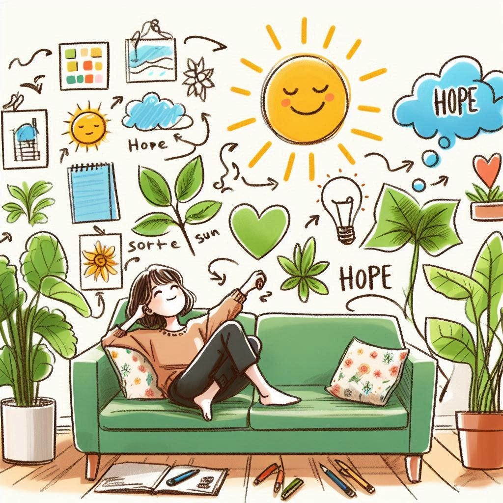 a girl sketchnote flow map hope sun green plant sofa vibrant and joyful