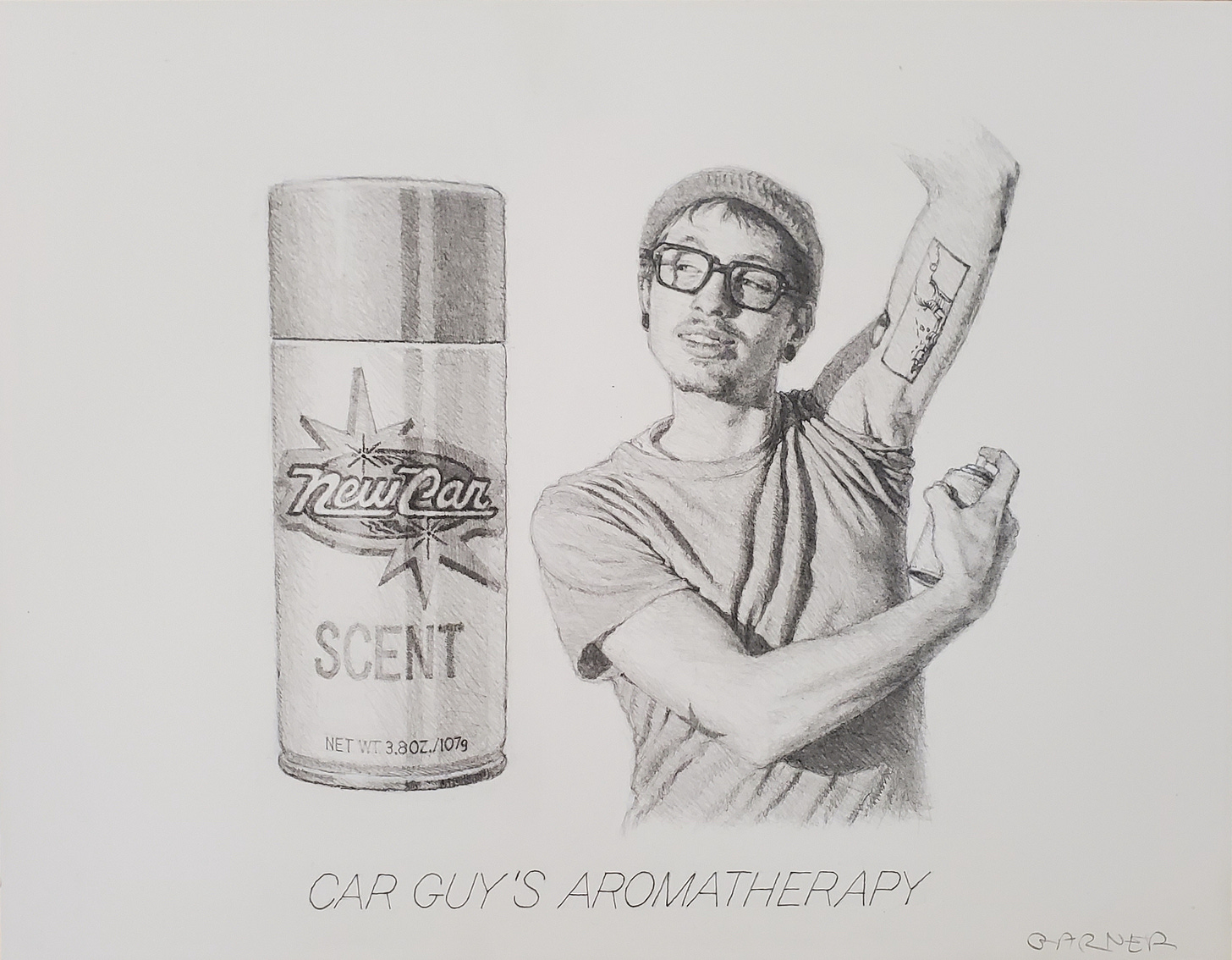 A black and white sketch of a white man applying deodorant is seen. The faux product is for Car Guy's Aromatherapy. He's spraying it directly into his armpit. A black and white sketch of a white man applying deodorant is seen. The faux product is for Car Guy's Aromatherapy. He's spraying it directly into his armpit.