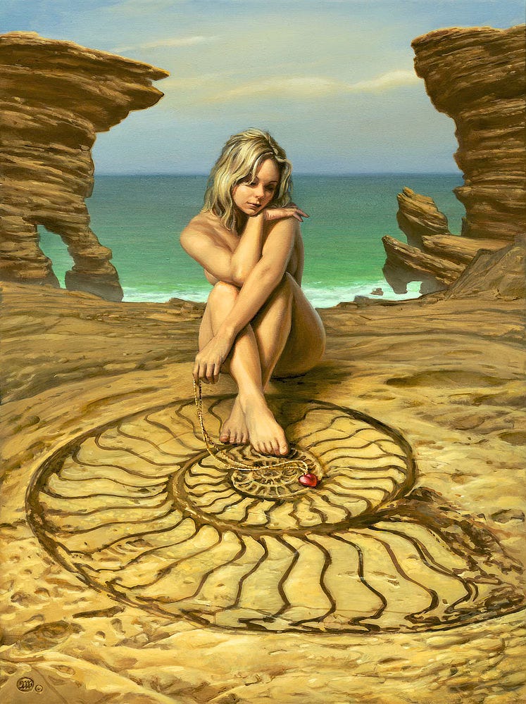 A woman sits naked on rough stone with her back to the ocean. Her knees are up and ankles crossed as she glances down in contemplation at an impression of an ammonite set in—or perhaps even painted on—sand colored stone. One arm is extended over her legs as she loosely holds a thin chain as if she were drawing the red glass heart tied to the end across the chambers of the ammonite. The chain now lies slack as she's lost in thought. Her other elbow is propped on her knee with that hand resting on her opposite shoulder, providing a perch to rest her chin on her wrist. The position of her limbs effectively covers her body, providing a measure of modesty. The background view is framed on either side by sea stacks, tall rocky formations with flat tops. The water is green, frothy at the shore and luminous as it extends under placid skies.