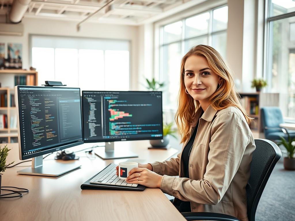 Woman in tan jacket, sits in front of two computer monitors displaying code, holding a white mug with a red initial, in an office setting with bookshelves and large windows