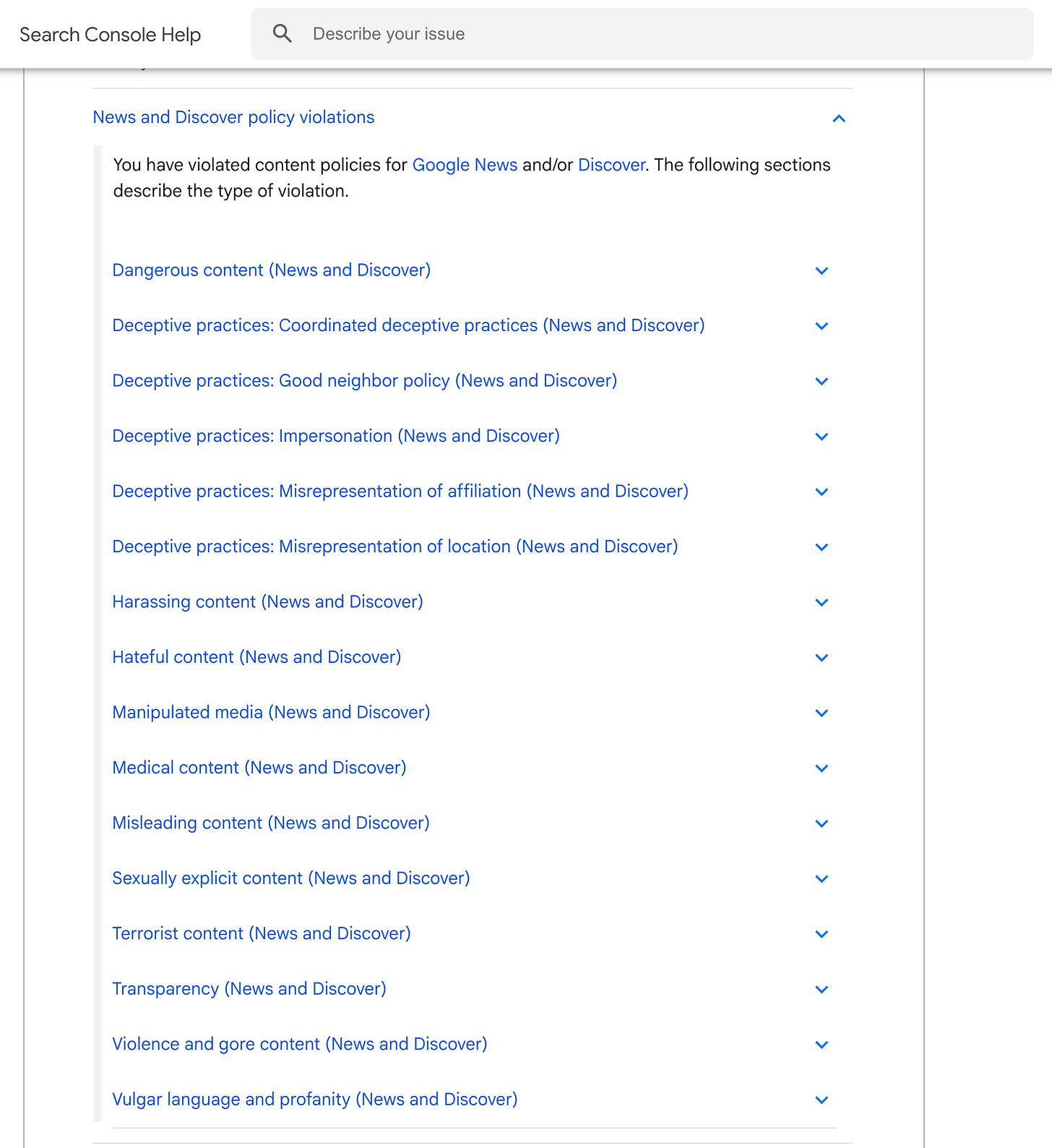 Screenshot of Google Search Console displaying a list of News and Discover policy violations, including Dangerous content, Deceptive practices, Harassing content, Hateful content, and more.