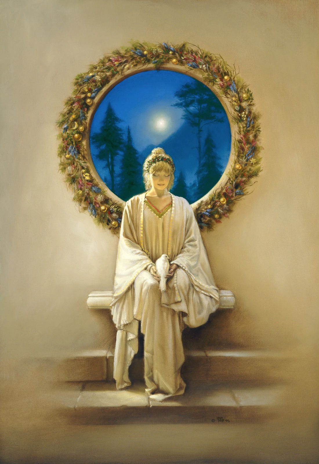 With eyes closed in contemplation, a woman in plain white gown cradles a dove in her lap. Her blonde hair is tied up with a band of holly. A circular window bounded by a wreath opens behind her to expose a wooded, mountainous scene, tinted by the blue night sky.