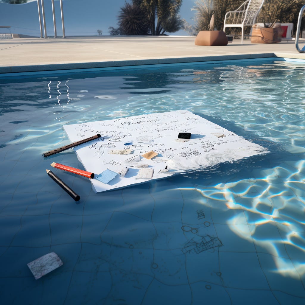 a whiteboard covered in messy writing sinks beneath the surface of a swimming pool. Pencils float nearby