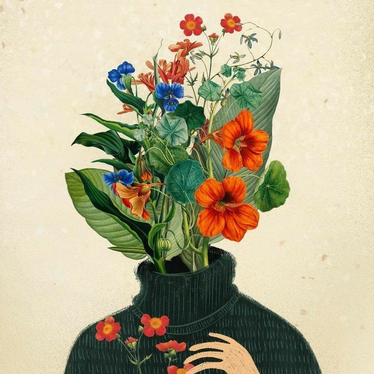 This may contain: a painting of a woman's head with flowers in it