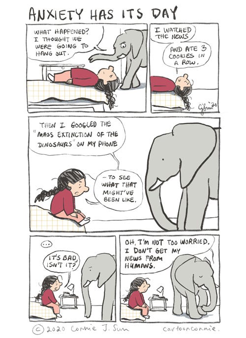 comics, comic strip, illustration, elephant, anxiety, humor, news, connie sun, cartoonconnie