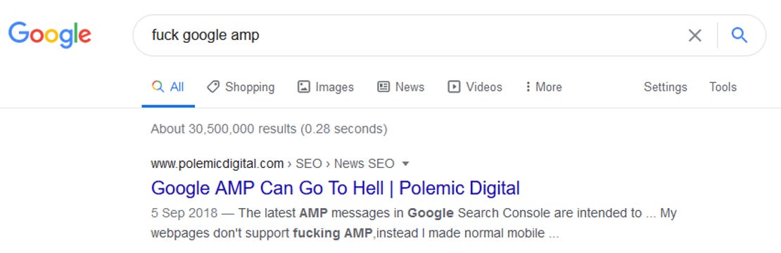 My article used to rank first in Google for a specific query related to AMP.