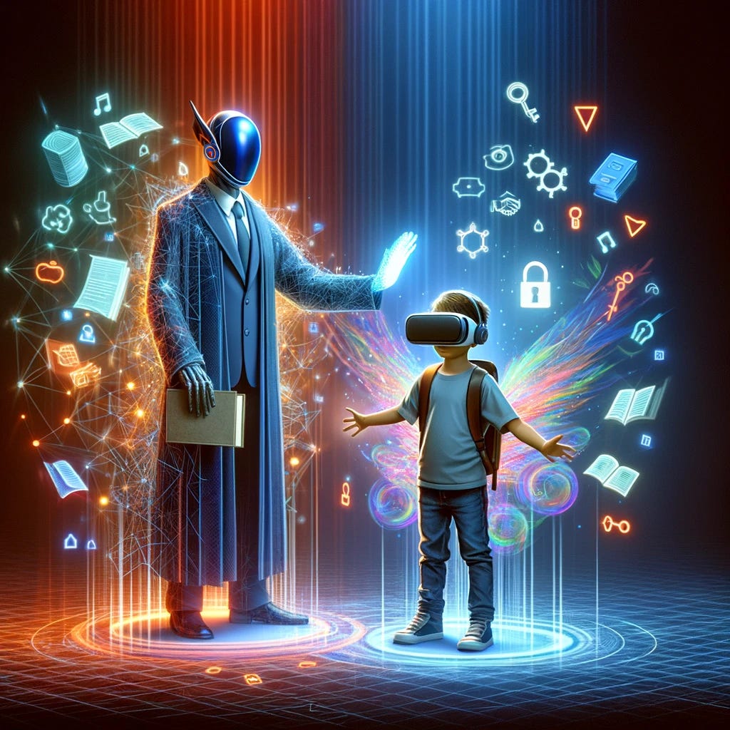Illustrate a child wearing a futuristic VR headset, immersed in a colorful digital world. This digital world is filled with abstract shapes and symbols representing data and connectivity. Standing next to the child is a figure representing a policymaker, symbolized by a cloak of legal documents, books, and digital locks, signifying protection through laws and policies. The policymaker is extending a protective hand over the child, creating a shield made of light that represents digital safety and security. The scene symbolizes the role of responsible governance in safeguarding young users in the digital realm, emphasizing a positive, supportive interaction between technology and policy.