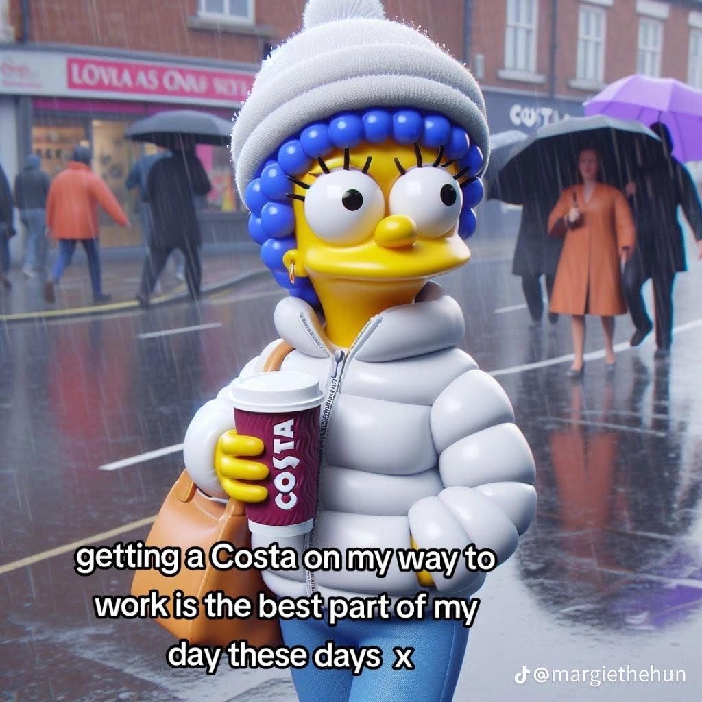  a three-dimensional character resembling Marge Simpson from "The Simpsons" series, holding a Costa coffee cup. She is dressed in a white puffer jacket and a gray beanie, suggesting a cold or rainy setting, which is confirmed by the visible rain and people with umbrellas in the background. The character is standing on a wet street with the storefronts and pedestrians behind her. Overlaying text reads "getting a Costa on my way to work is the best part of my day these days x," which indicates a daily routine and appreciation for the coffee during the commute. There is also a watermark crediting "@margiethehun".