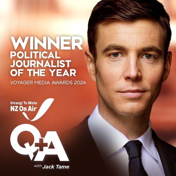 Jack Tame named as the winner of political journalist of the year at the Voyager Media Awards 2024