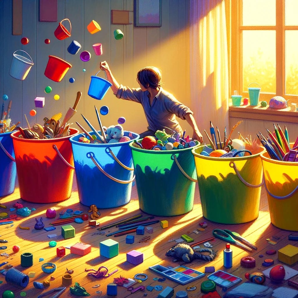 A digital painting of an individual methodically sorting various objects into five distinct colored buckets: red, blue, green, yellow, and purple. The scene takes place in a well-lit room, with sunlight filtering through a window, casting a warm glow over the colorful arrangement. The person, shown in a dynamic pose, is captured in the act of placing an object into one of the buckets, with a focused expression of concentration. Each bucket is partially filled with objects that match its color, creating a visually satisfying alignment of hues. The objects range from toys and stationery to natural elements like flowers and fruits, adding a layer of complexity to the sorting task. The activity conveys a sense of order, color coordination, and attention to detail. Drawn with: digital, focusing on vibrant colors, clear depiction of the sorting activity, and a bright, cheerful atmosphere.