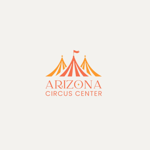 Logo for Arizona Circus Center featuring a stylized orange and yellow circus tent with three peaks, the center peak topped with a small flag. Below the tent, the text reads "ARIZONA CIRCUS CENTER" in orange uppercase letters. The background is white, embodying the spirit of navigating circus life.