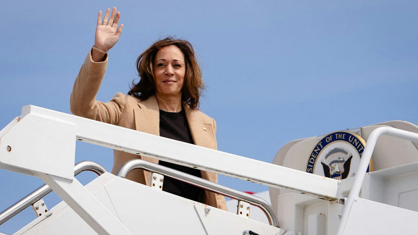 US Vice President and Democratic presidential candidate Kamala Harris boards Air Force Two at Joint Base Andrews in Maryland on September 4, 2024. Harris travels to Portsmouth, New Hampshire, for a campaign event. (Photo by Erin SCHAFF / POOL / AFP) (Photo by ERIN SCHAFF/POOL/AFP via Getty Images)