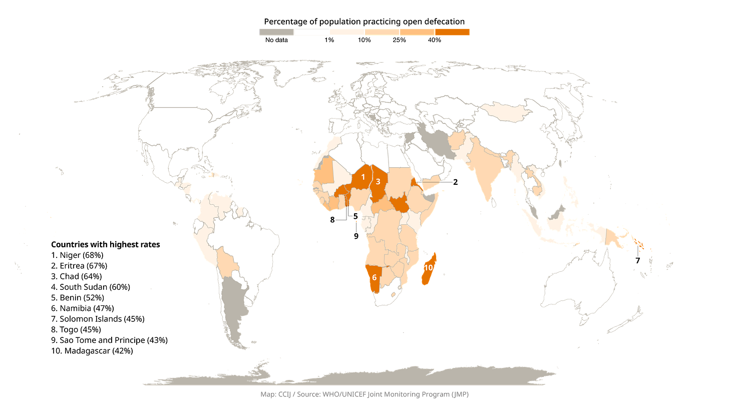 The map shows the percentage of the global population defecating in the open air.