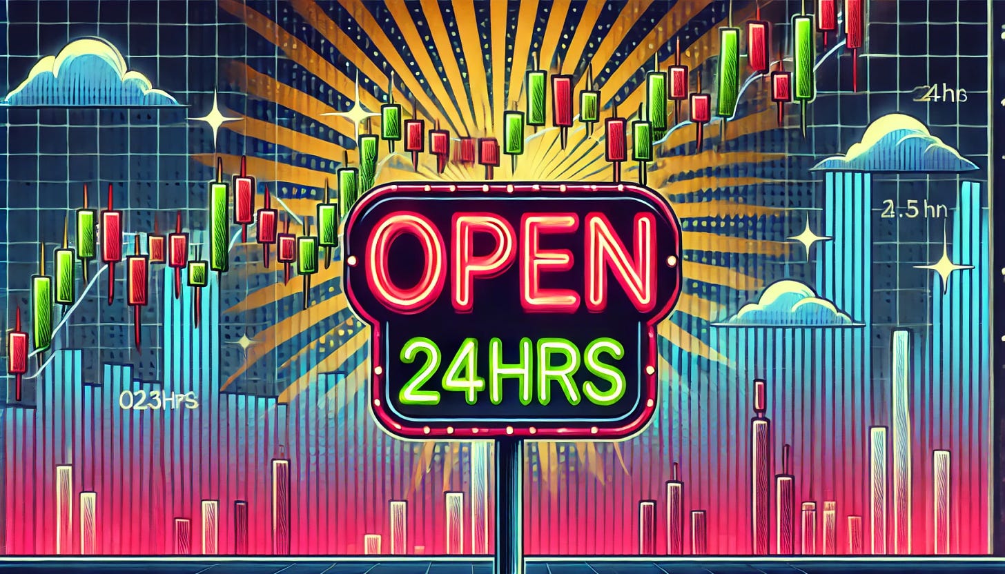 A pop-art style illustration depicting a trading chart with rising and falling prices in the background. A glowing neon sign that says 'OPEN 24HRS' prominently in the foreground. The chart should be dynamic, showing stock price fluctuations, and the neon sign should be vibrant and modern. The overall look should be energetic, capturing the idea of a stock market that never closes, with an emphasis on bold and bright colors.