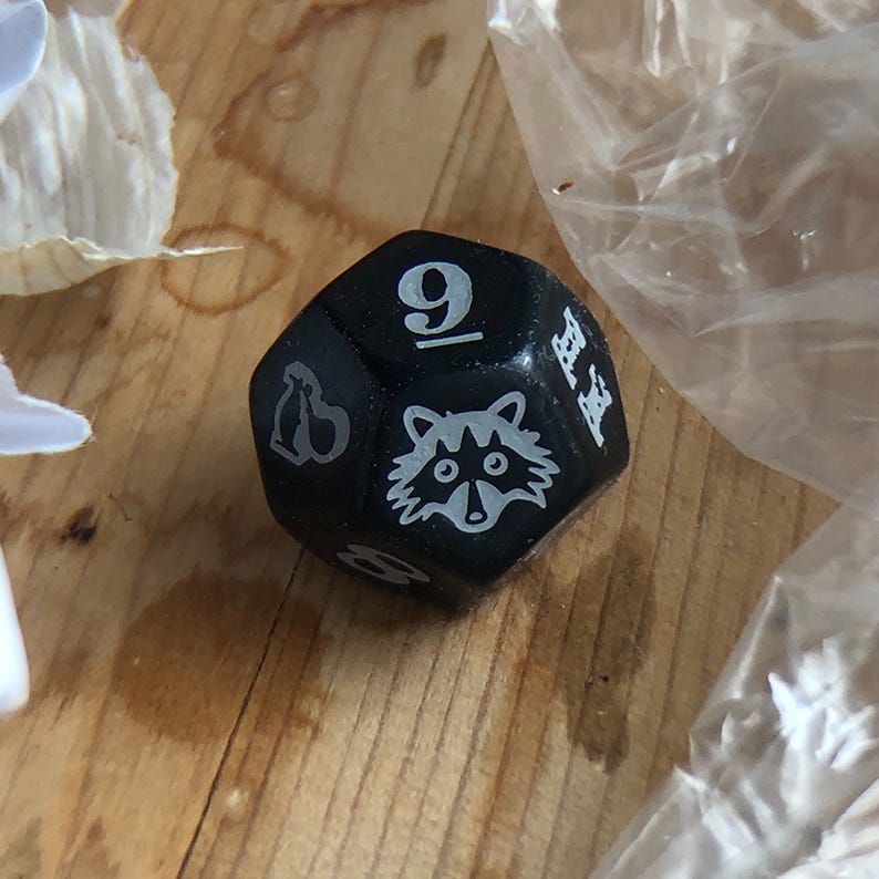 A 12 sided die with a raccoon face on one side.