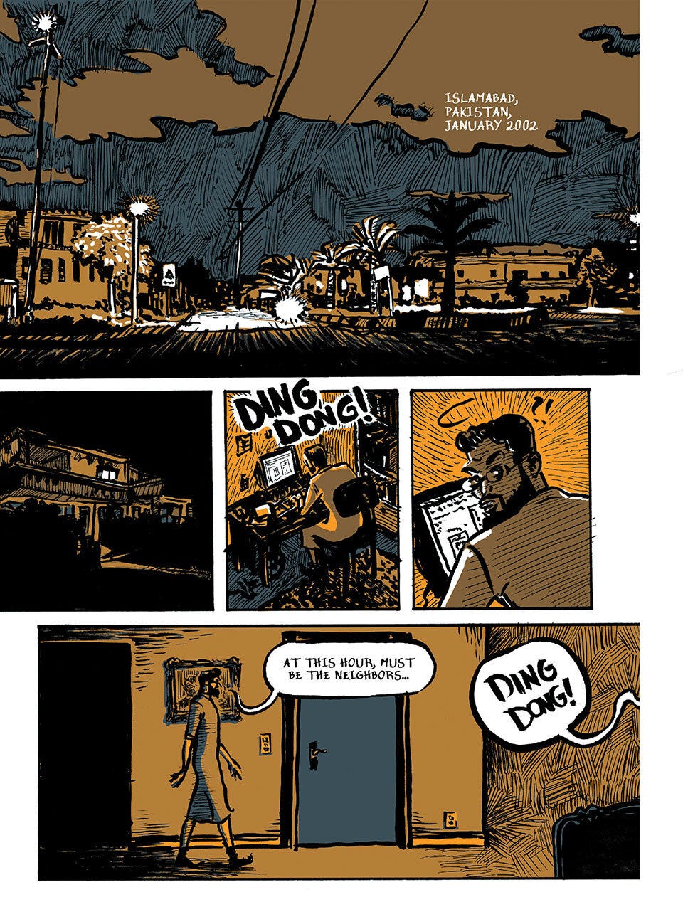 A page from Guantanamo Voices depicting the story of Moazzam Begg, drawn by Omar Khouri.