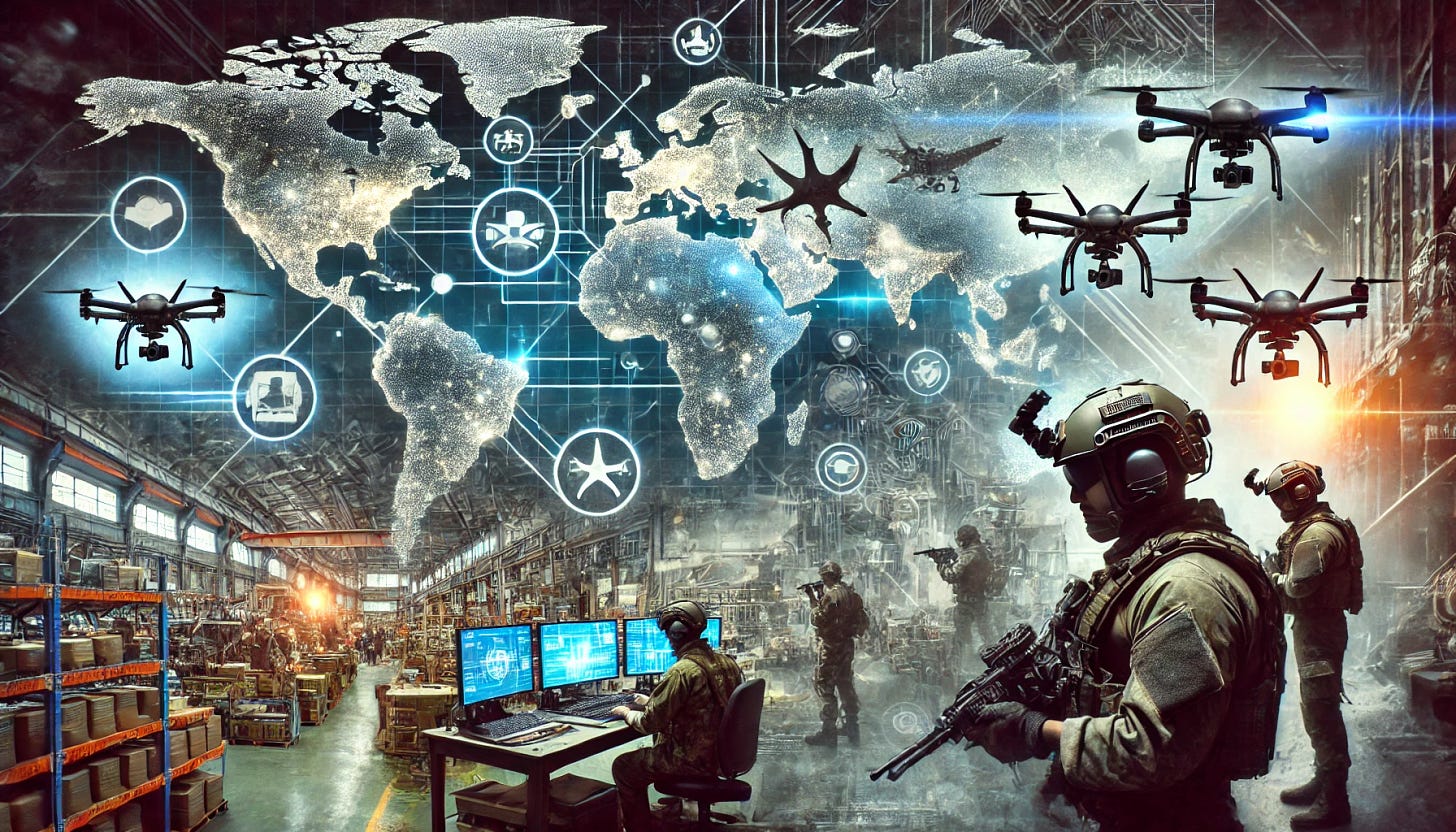 A global supply chain map overlaid with images of soldiers employing new battlefield tactics. The map features various continents connected by lines and icons representing different goods and transport methods. The left half of the image shows an ammunition factory with machinery and workers producing ammunition, emphasizing the industrial aspect of the supply chain. The right half depicts soldiers in the field using advanced technology to defend themselves from enemy drones, featuring drones, robots, and augmented reality helmets. The scene combines elements of logistics, technology, military strategy, and manufacturing.