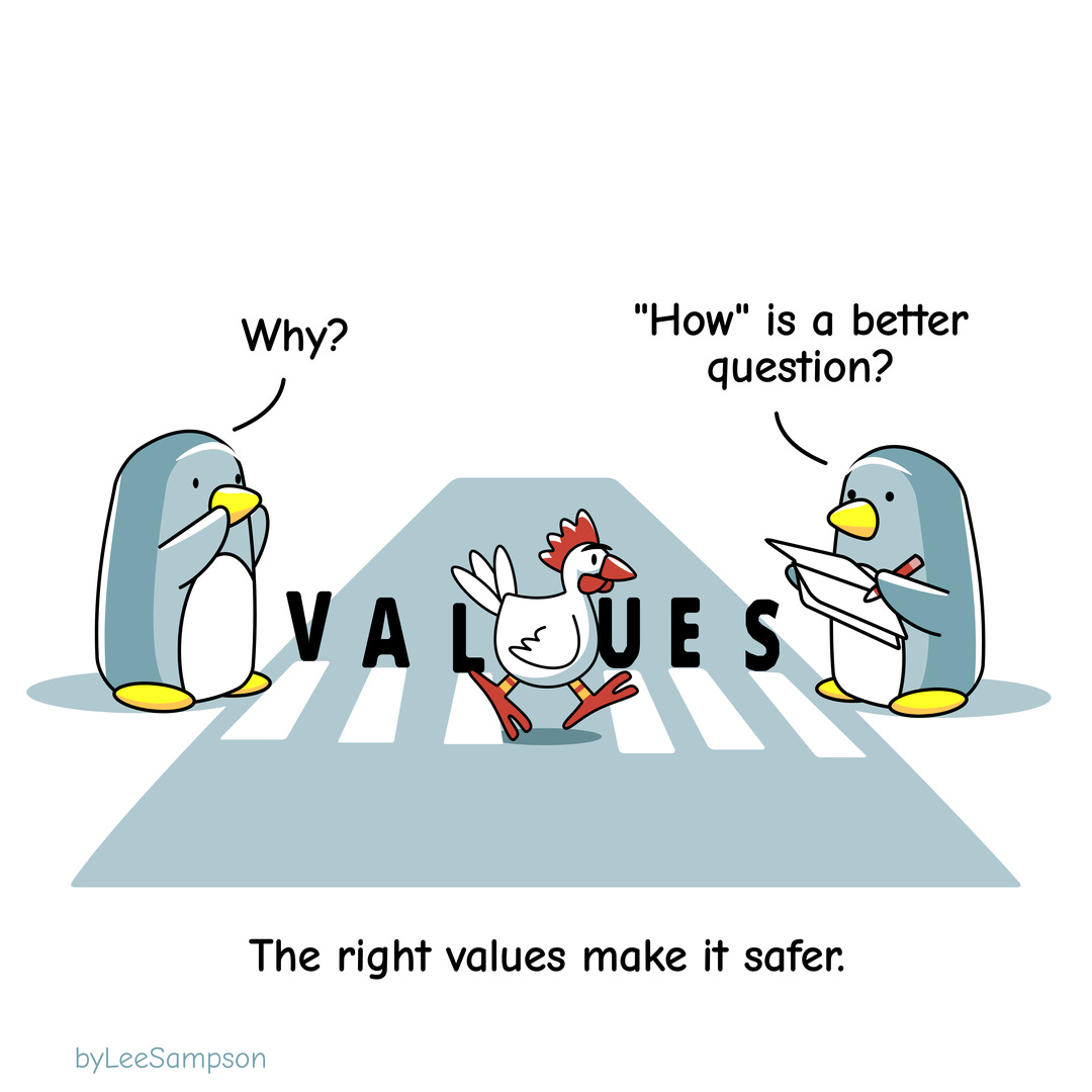 A leadership cartoon of a chicken crossing a road featuring penguins talking about values, by Lee Sampson.