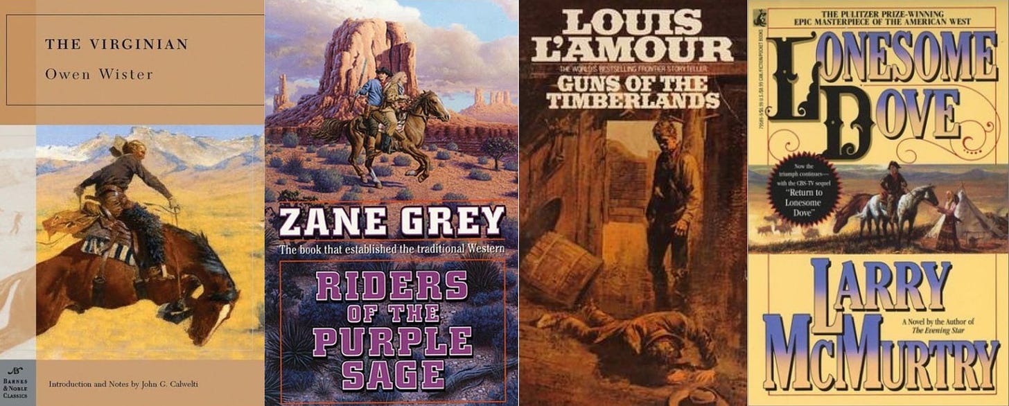 This collage shows the covers of four Western novels that are important forerunners to David Milch's Deadwood television series: (left to right) Owen Wister's 1902 The Virginian, Zane Grey's 1912 Riders of the Purple Sage, Louis L'Amour's 1955 Guns of the Timberlands, & Larry McMurtry's 1985 Lonesome Dove.