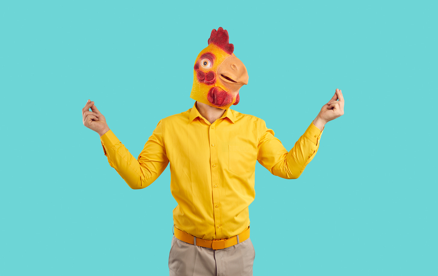 A guy in a rubber rooster mask standing with his hands clasped in a Zen position 