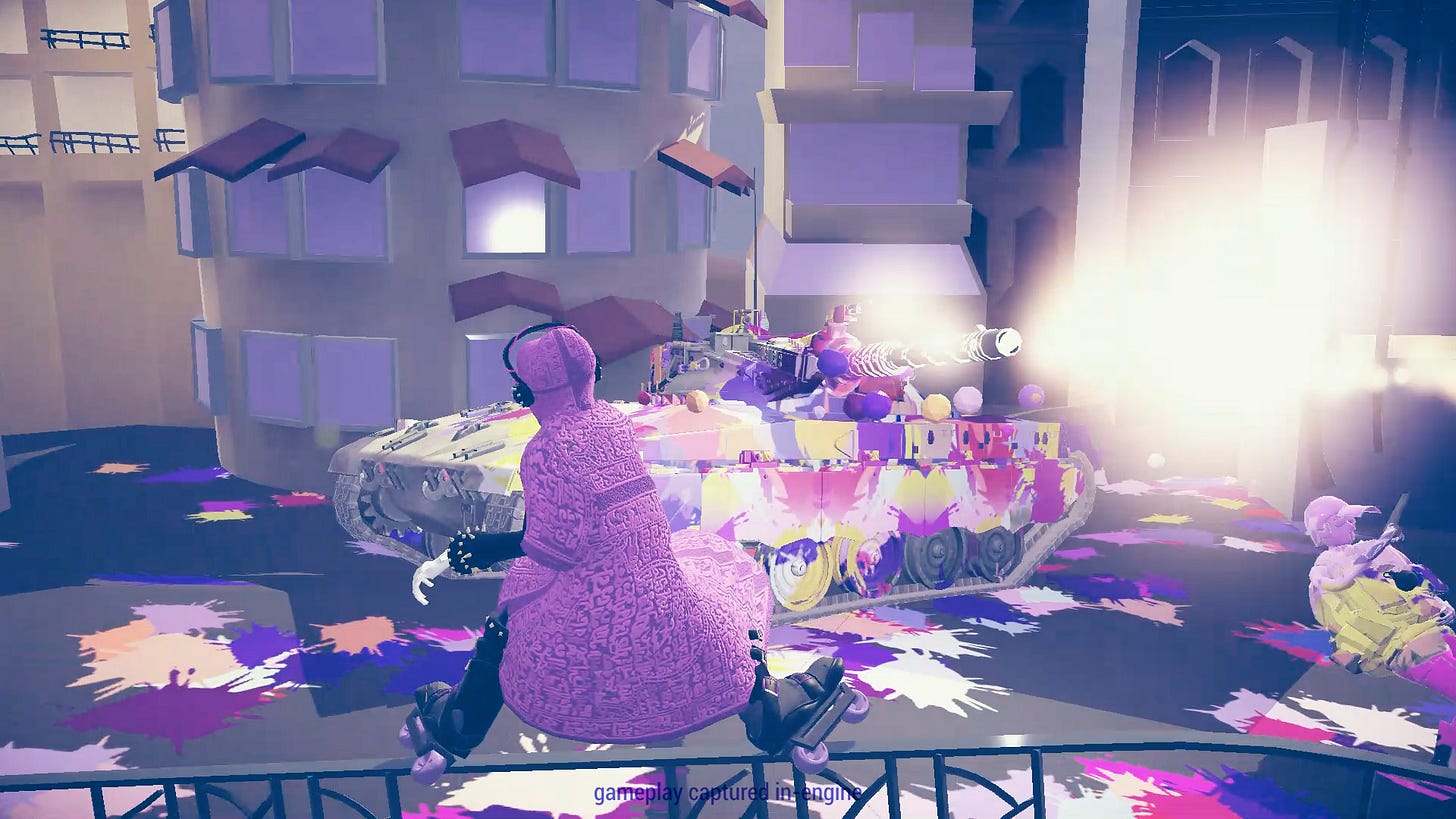 A still from the video game "Palestine Skating Game" depicting a woman wearing rollerblades and a purple covering and headscarf, spray painting a tank while grinding on a metal rail. A still from the video game "Palestine Skating Game" depicting a woman wearing rollerblades and a purple covering and headscarf, spray painting a tank while grinding on a metal rail.
