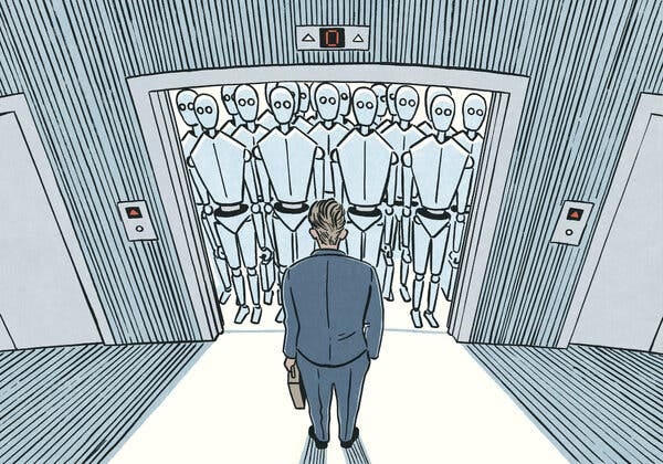 An illustration showing a man from the back looking into an elevator packed with robots.