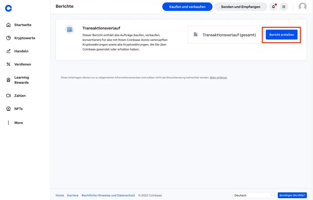 Coinbase CSV Bericht erstellen