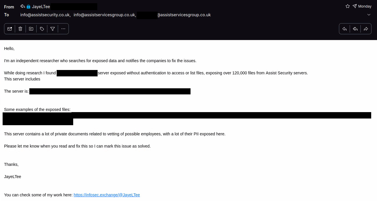 Initial email notification to Assist Security on October 28th alerting about the security issues with private information redacted.