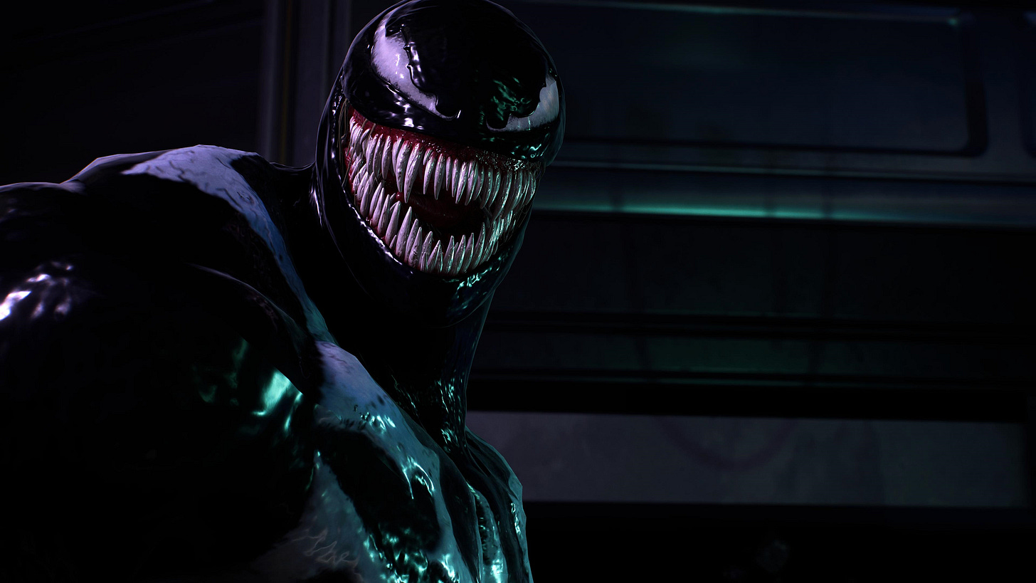 Screenshot of Venom from the Spider-Man 2 video game. He is smiling menacingly.