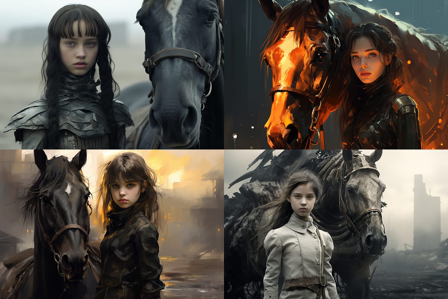 4-image Midjourney grid for "girl, horse, dystopian"