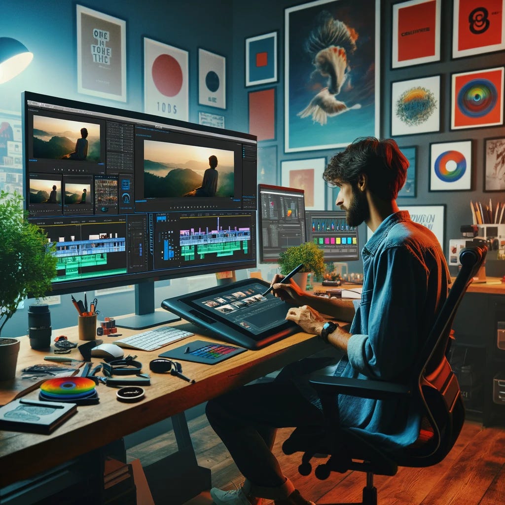 An advertising agency employee is sitting at a modern workstation, intensely focused on editing a video on a high-end computer. The desk is cluttered with creative tools, a digital drawing tablet, multiple monitors displaying various stages of the video editing process, and reference materials. The room is vibrant with creative posters on the walls and small plants for a touch of nature. The employee is dressed casually, embodying the creative and relaxed atmosphere of the agency. One of the screens shows a timeline of clips being meticulously adjusted, while another displays color grading options. The scene captures the essence of creativity, technology, and the dedication required in the advertising industry.