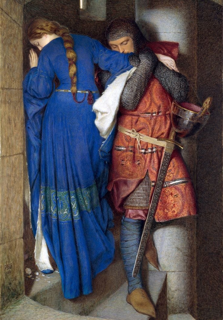 This may contain: a painting of two people dressed in medieval clothing