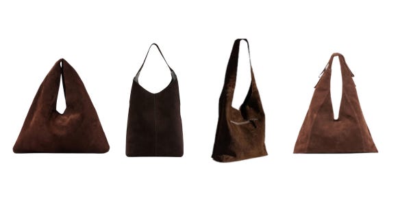 Chocolate brown suede tote bags that can go from day to night.