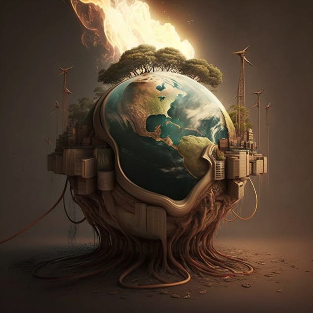 “Humanity's collective ego feeding off of the Earth's natural resources and the human's own dysfunctional energy. Its power grows immense but it is starved for more fuel by which to survive.”
