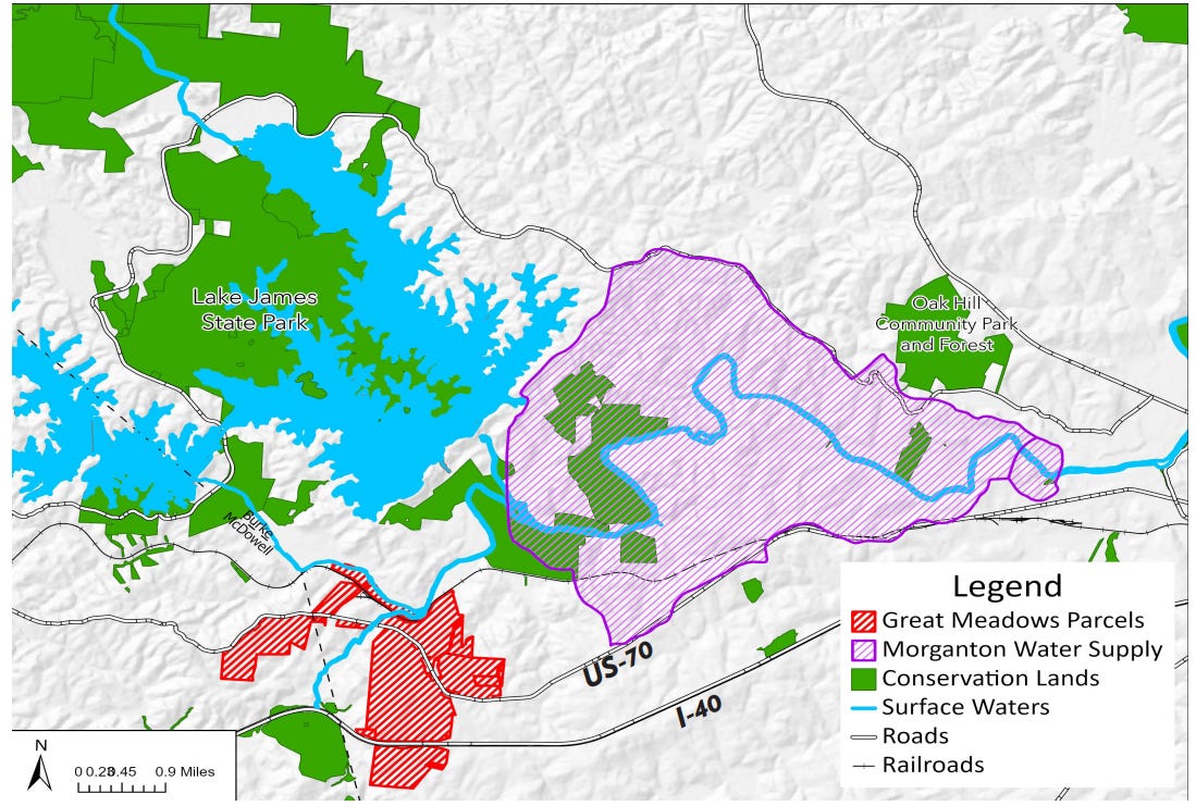Map of Burke County demarcated the Great Meadows parcels, Morganton’s water supply, and nearby conservation lands.