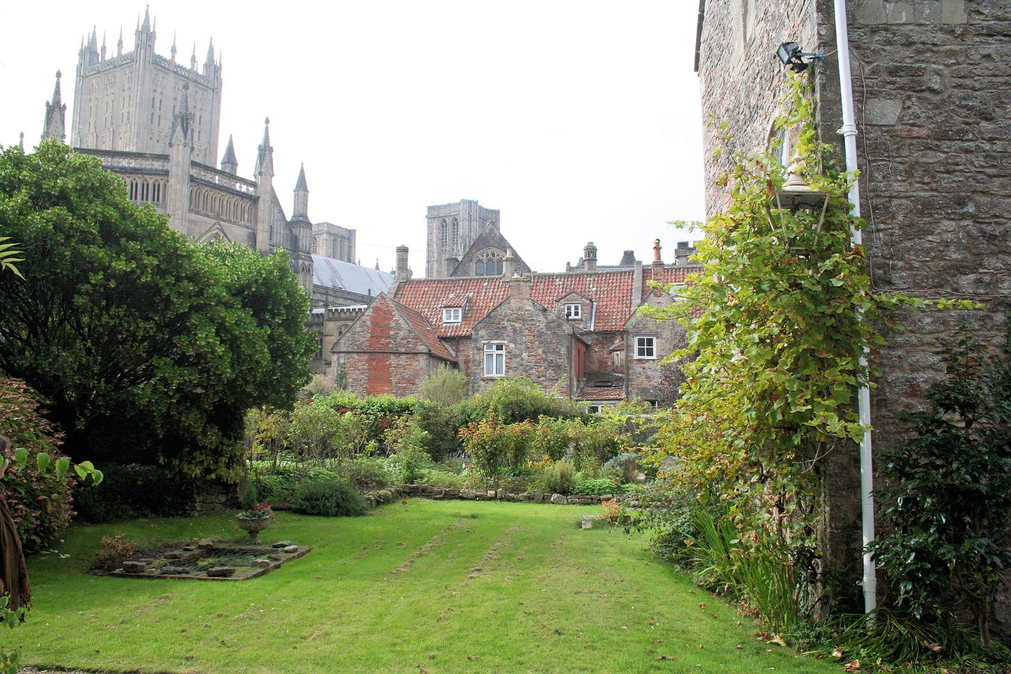 View of the Cathedral and the back of the Close from the Tower House garden inside the wall. Photo from ElizabethGoudge.org