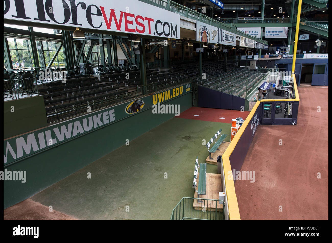 Milwaukee, WI, USA. 3rd July, 2018. A picture of the right field fence and  visiting team bullpen before the Major League Baseball game between the  Milwaukee Brewers and the Minnesota Twins at