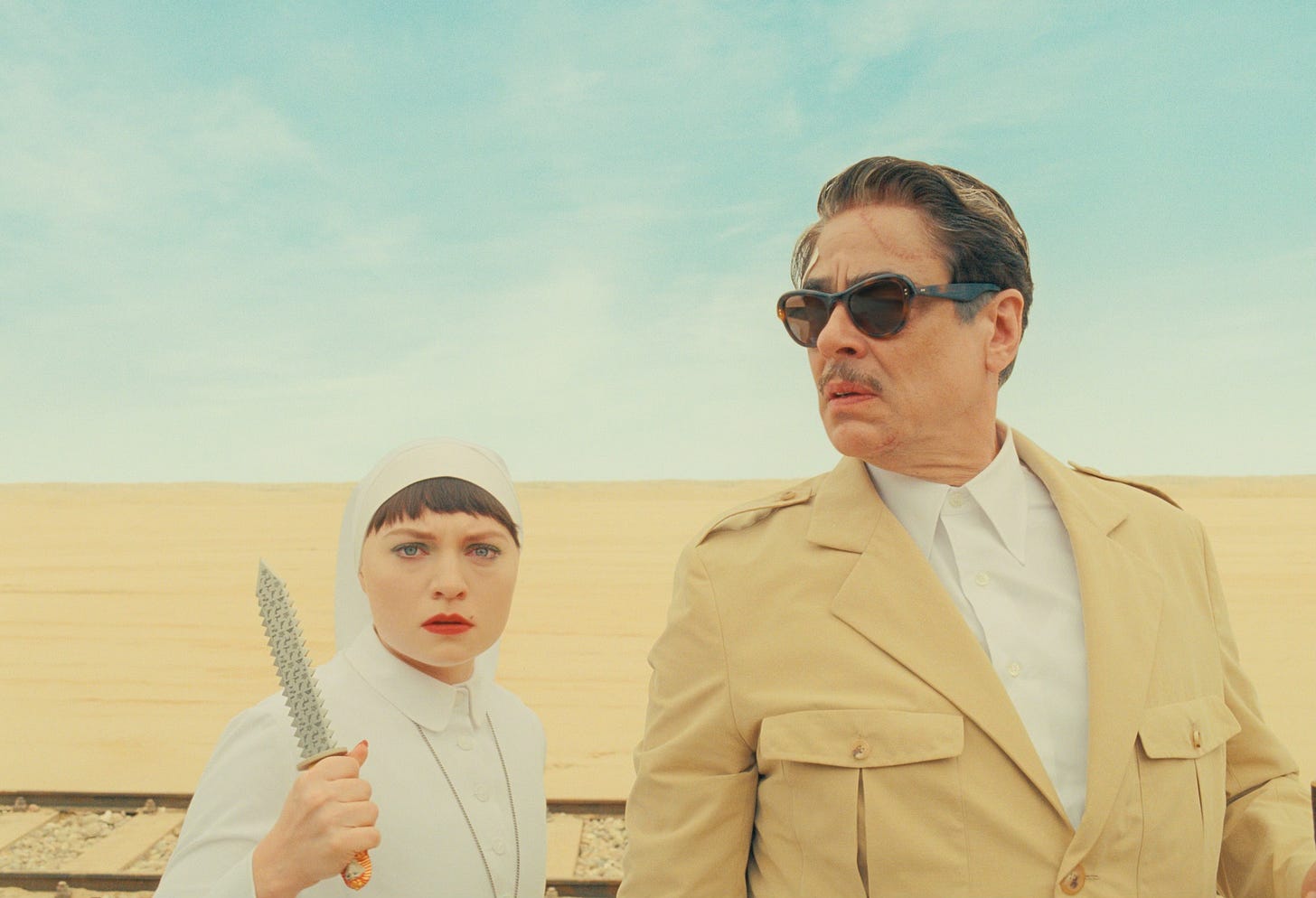 Liesl (Mia Threapleton) and Zsa-Zsa Korda (Benicio del Toro) in The Phoenician Scheme Liesl (Mia Threapleton) and Zsa-Zsa Korda (Benicio del Toro) in The Phoenician Scheme