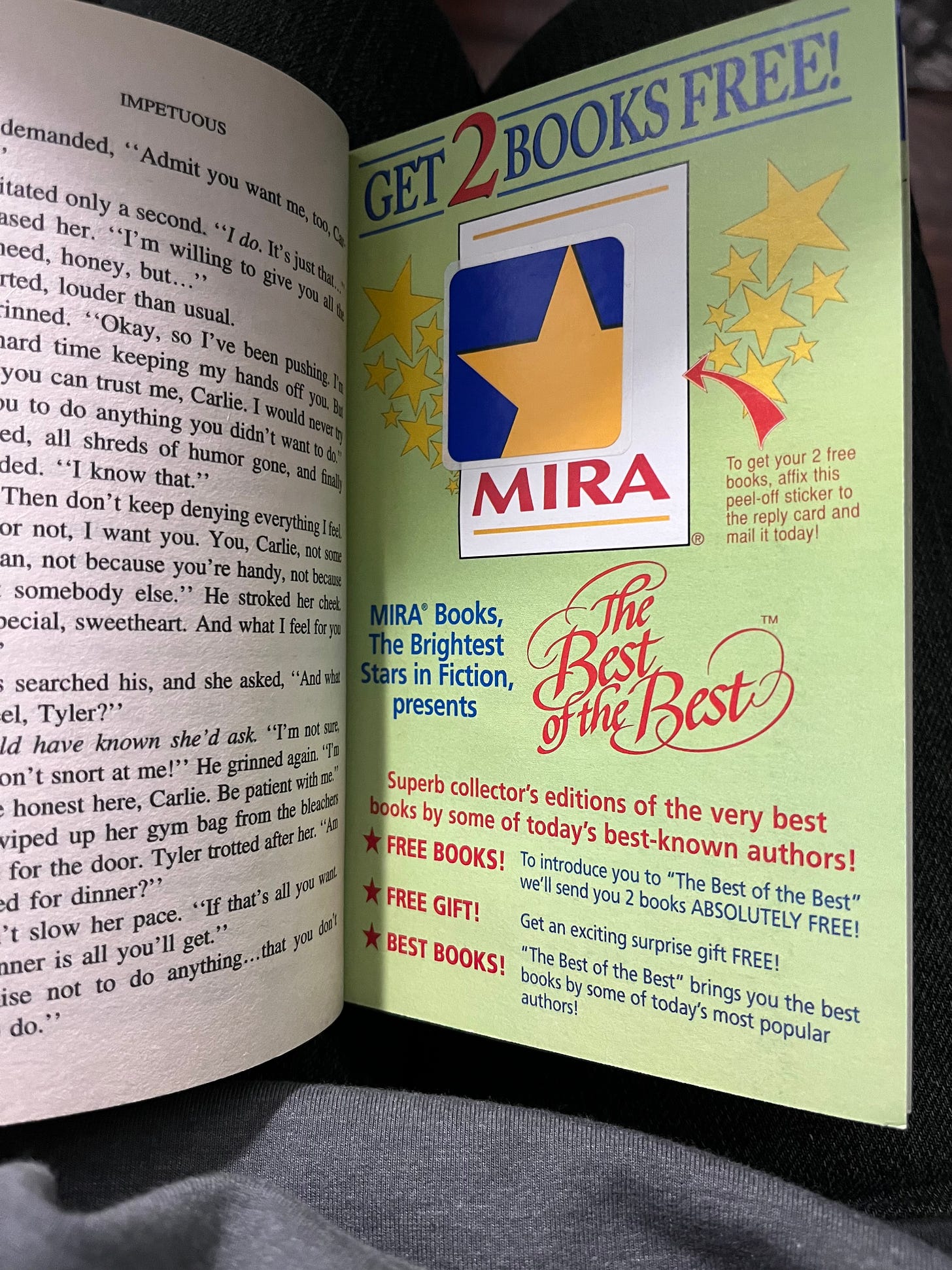 Image of inside of Impetuous book, that shows one of those yardstick perforated pages advertising a deal where you send away a reply card with a sticker on it to get 2 free books.