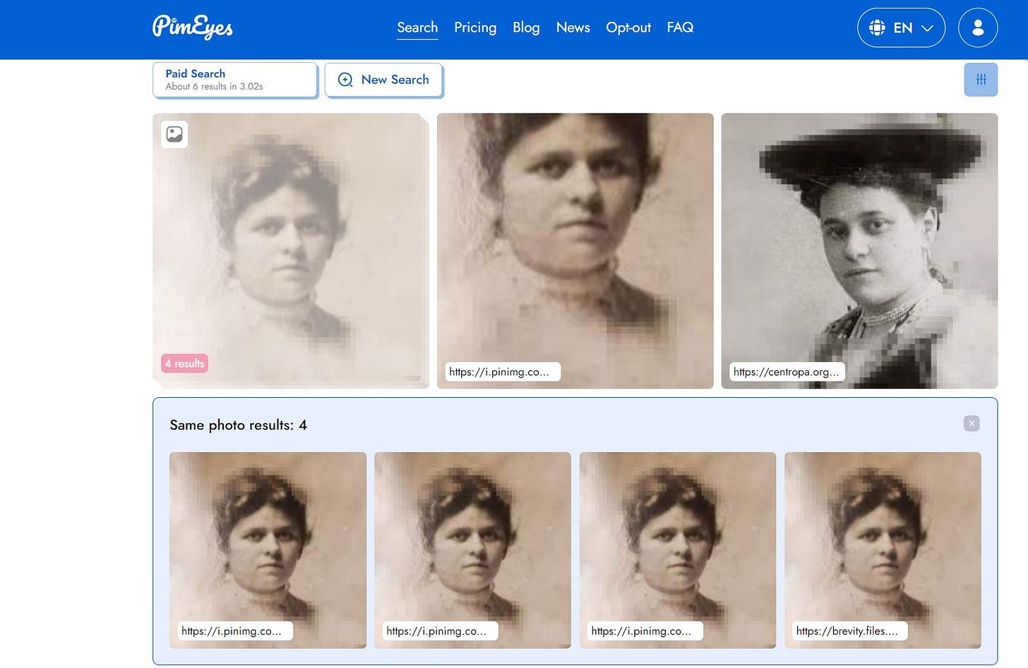 The results of the facial recognition search, which shows two matches.
