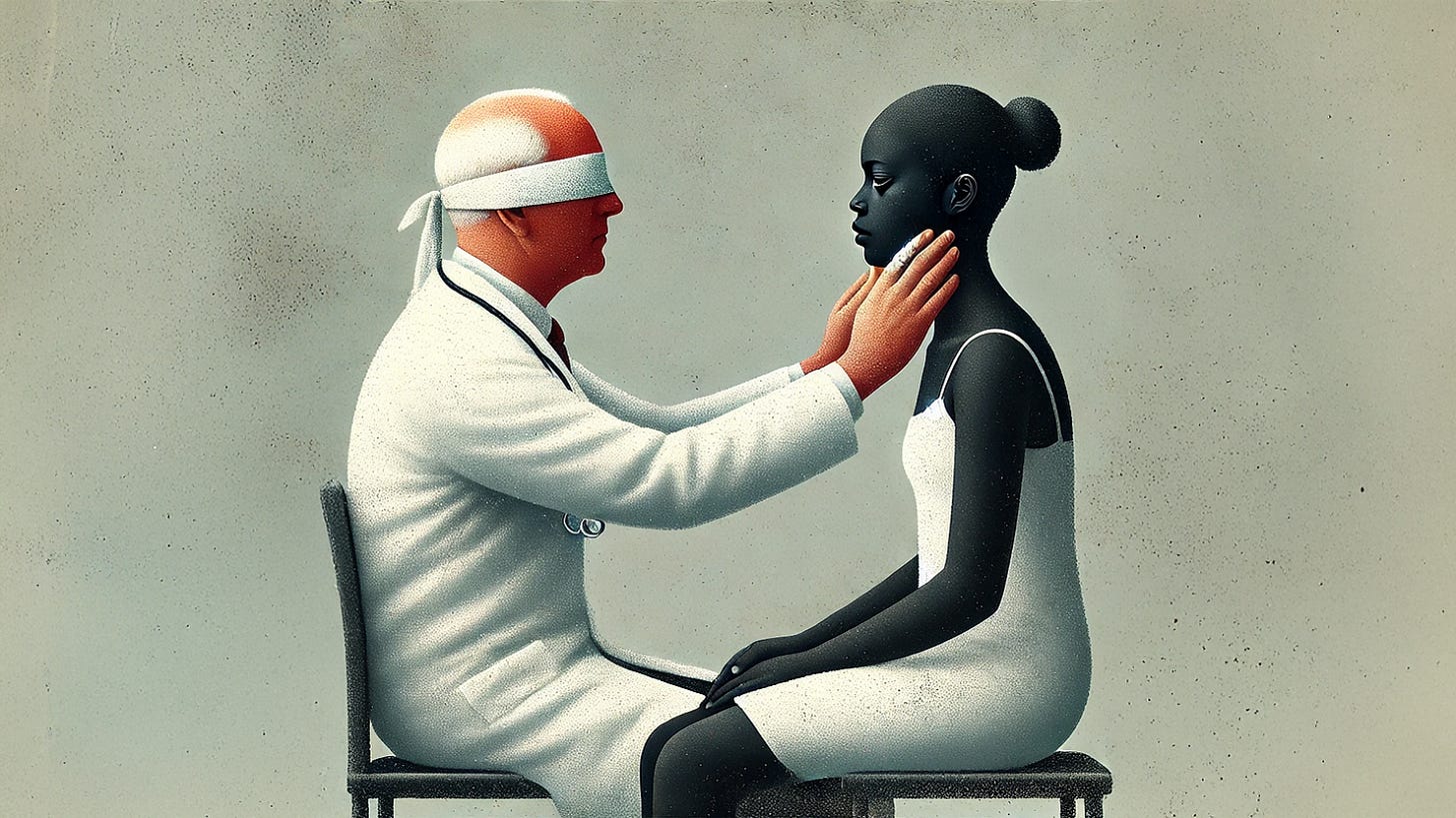 A surrealist digital illustration depicting a white doctor in a lab coat and stethoscope examining a Black female patient. The doctor is wearing a blindfold, symbolizing his inability to truly see or understand the patient. Despite his physical engagement, his lack of vision represents racial bias in healthcare.