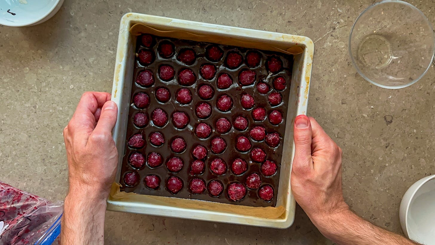 Black forest brownie batter studded with frozen sour cherries.