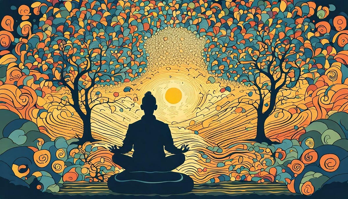 Silhouette of person in meditating pose , oriental setting